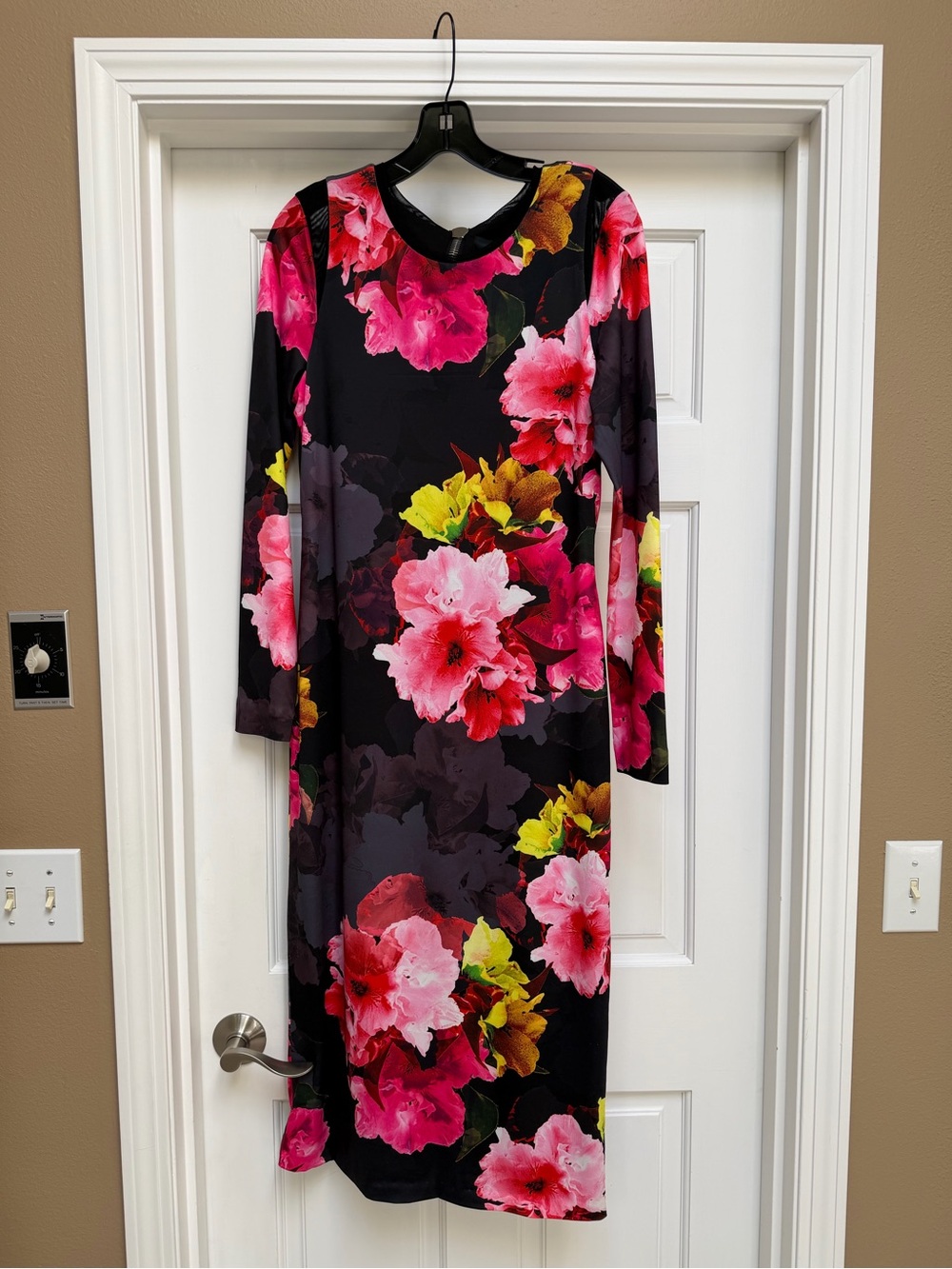 Black Long-Sleeve Floral Midi Dress with Pink & Yellow Blooms